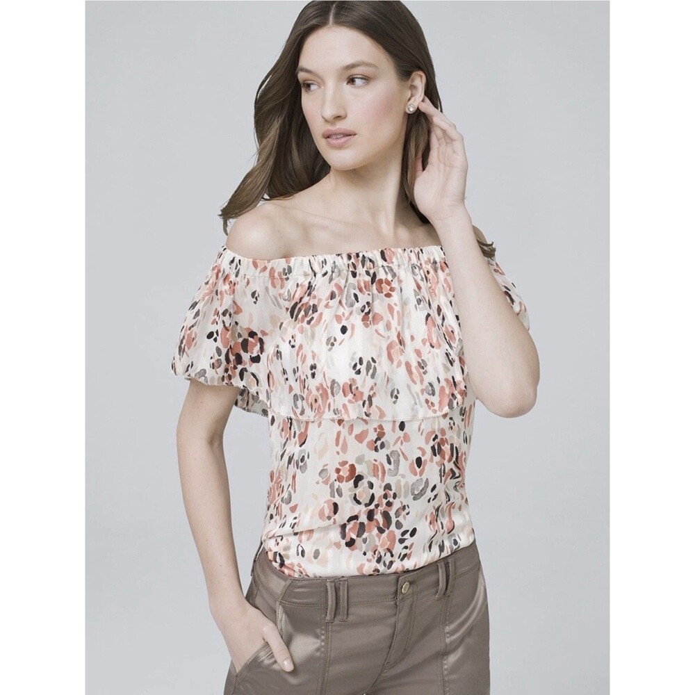 White House Black Market Off the Shoulder Floral Shadow Stripe Top Blouse Size 8